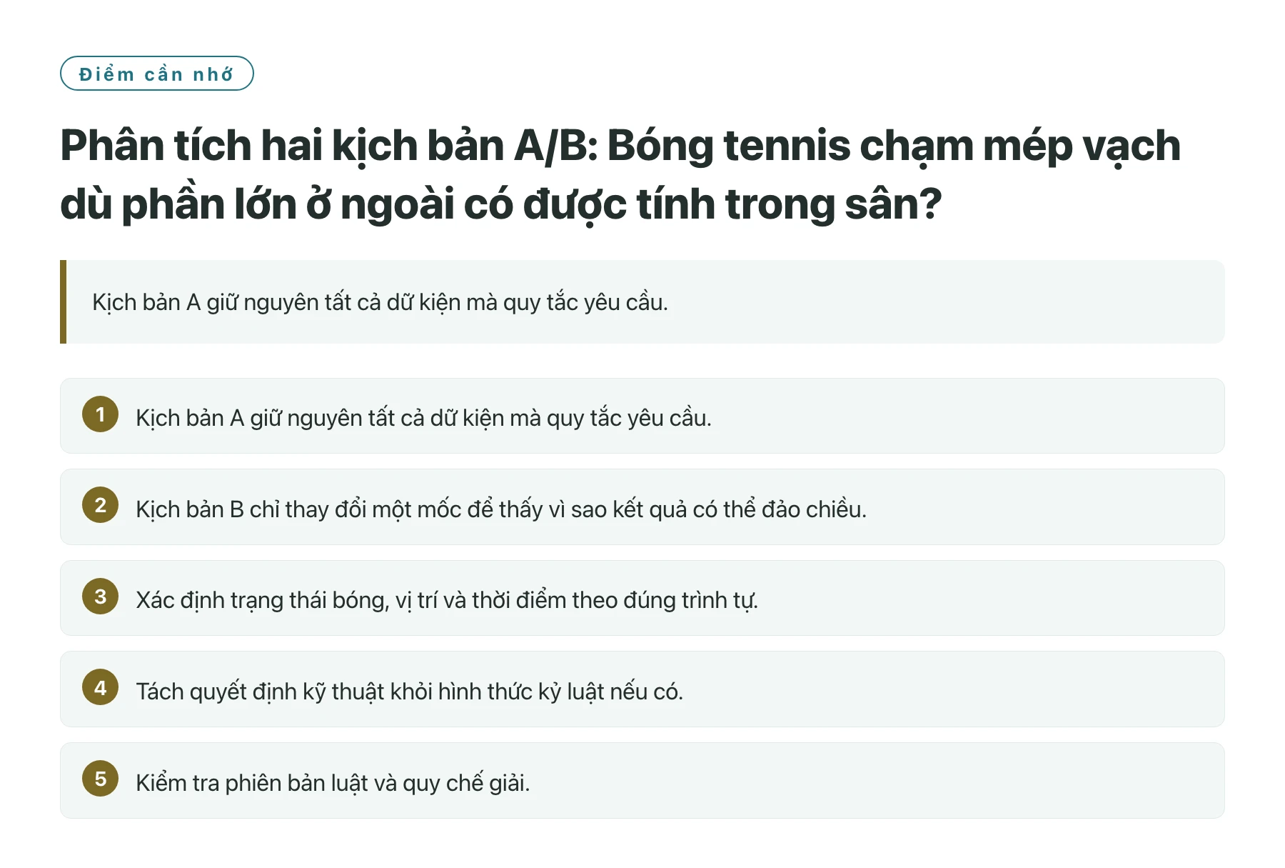 Phân tích hai kịch bản A/B: Bóng tennis chạm mép vạch dù phần lớn ở ngoài có được tính trong sân?——全文要点速览