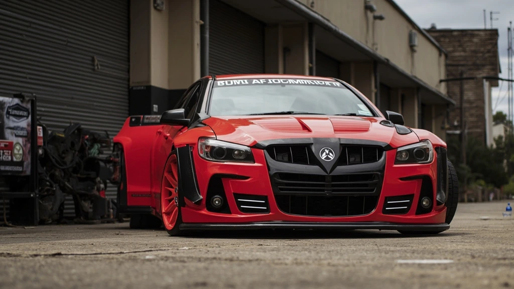 Red VE SS-V Redline on Walkinshaw wheels at a workshop driveway